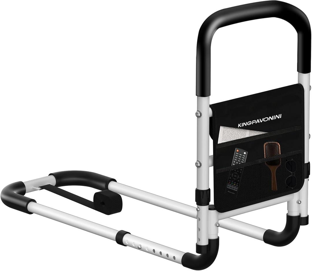 KingPavonini Bed Rails for Elderly Adults Safety - Adjustable Bed Cane with Non-Slip Ergonomic Handle and Storage Pocket, Bed Railings for Seniors Hold up to 350 Lbs, Tool-Free Installation (Medium)