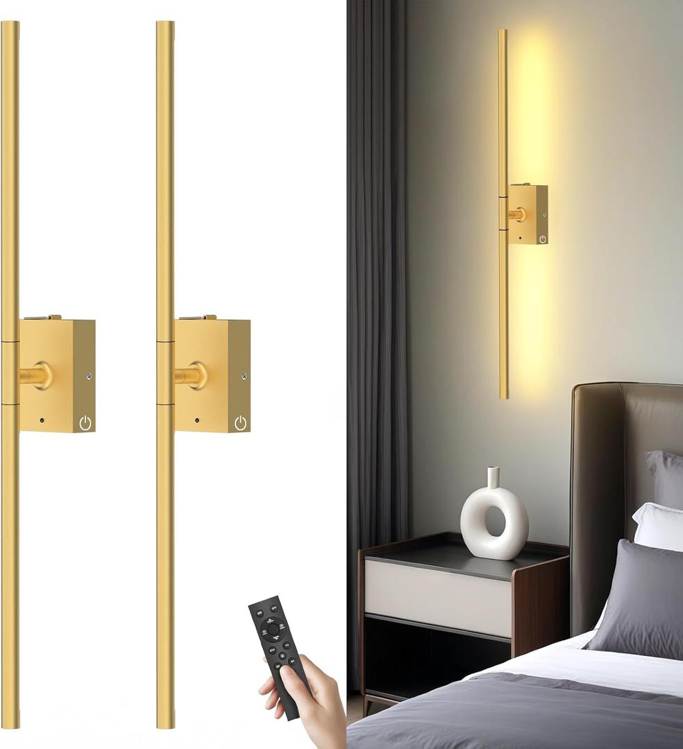 Battery Operated Wall Sconces Set of 2: 10000mAh Rechargeable Wall Lights with Remote, 360 Rotate 3000K-6000K LED Wireless Wall Light Fixtures Decor for Bedroom Living Room Hallway Picture Lighting (Gold)