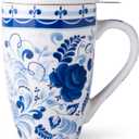 GBhome Tea Mug with Infuser and Lid, 18 Ounce Large Ceramic Loose Leaf Tea Cup, Microwave, Dishwasher Safe Tea Steeping Mug, Pefect Gift For Tea Lover. (Blue Rose)