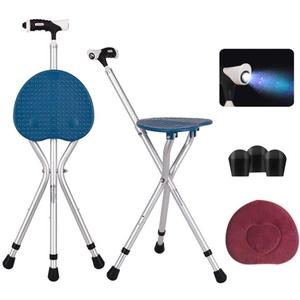 Folding Cane Seat Combo 400 lbs Capacity Portable Cane Stool Handy Folding Crutch Chair Seat 3 Legs Height Adjustable Heavy Duty Thick Aluminum Walking Stick Tall Unisex for Elderly Travelon Blue