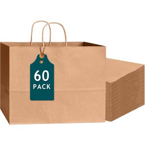 Bakepacker 60-Pack Wide Large Size Paper Bags With Handles Bulk 12.6"x4.3"x10" Brown Party Kraft Shopping Bags