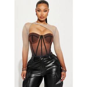 Fashion Nova Sights On Me Mesh Top Brown Combo XL