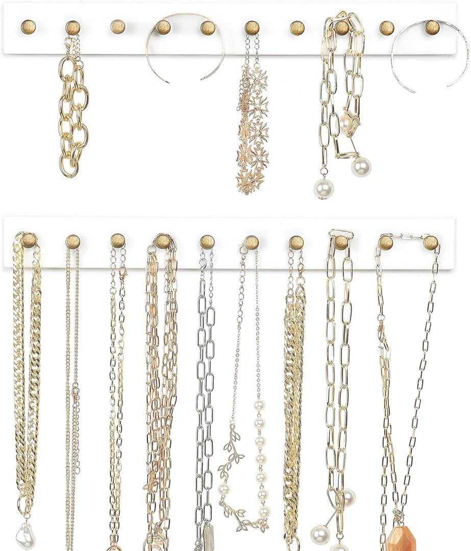 Mkono Necklace Holder Wall Mounted Set of 2 Wood Necklaces Hanger, Jewelry Organizer Hanging with 20 Metal Round Hooks, Jewelry Hooks for Necklaces, Bracelets, Chains, Keys,White