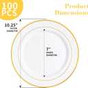 N9R 100 PCS Heavy Duty Gold Dinner Plastic Plates, 10.25 inch White Disposable Plate with Gold Rim, Plates for Party Wedding and Birthday