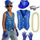 Kids Dance Hip Hop Jazz Costume Boys Sequin Vest Hat Sunglasses Set for Dance Party 4-5T Blue