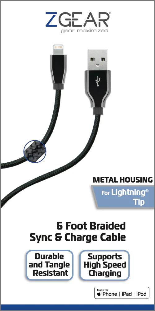 ZGear USBC 8 Pin Braided Metal Sync and Charge Cable - Black