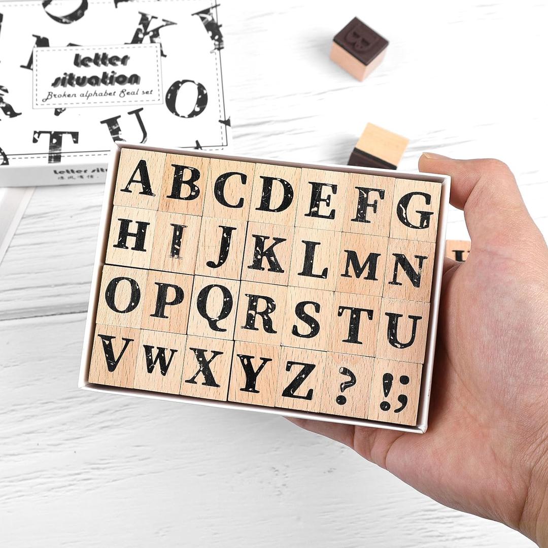 Dizdkizd 28-Piece Capital Letter Stamps, Cute Alphabet Rubber Stamp Set, Wooden Rubber Stamps Journaling Stamps Crafting Stamp for Scrapbooking, Envelope, Card Making