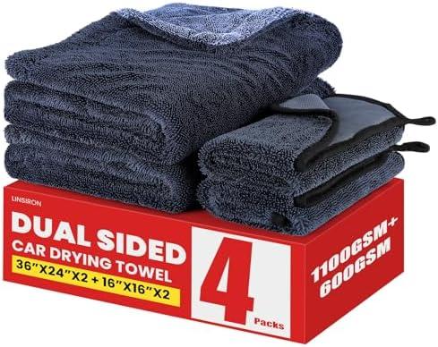 LINSIRON 4-Pack 1100 GSM Car Drying Towels Detailing,36”x24”x2+16”x16”x2,Dual Sided Microfiber Towels for Cars,Super Absorbent Scratch-Free,No Water Spots,for SUVs, RVs, Trucks