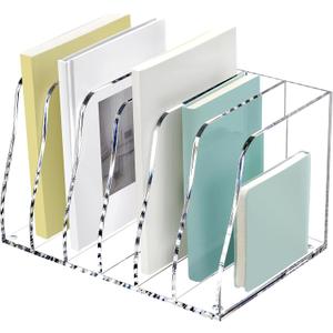 SANRUI Acrylic Magazine File Holder, 6 Vertical Compartments Desk Document Sorter Organizer, Clear Folder Rack Binder Bookstore Workspace Sorters for Office Accessories Organization Storage