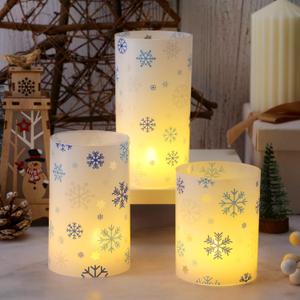 Baquler 3 Set Snowflake Flameless Candles Christmas Winter Themed Lampshade with LED Tea Lights Silver and Blue Snowflake Candle Decorations for Xmas Winter Tabletop Fireplace Home Decor