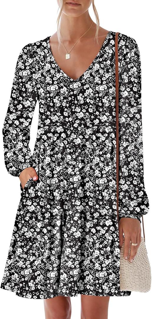 ANRABESS Women's Casual Long Sleeve V Neck Tiered Swing Flowy Loose A-line Cute Mini Short Spring Fall Dress
