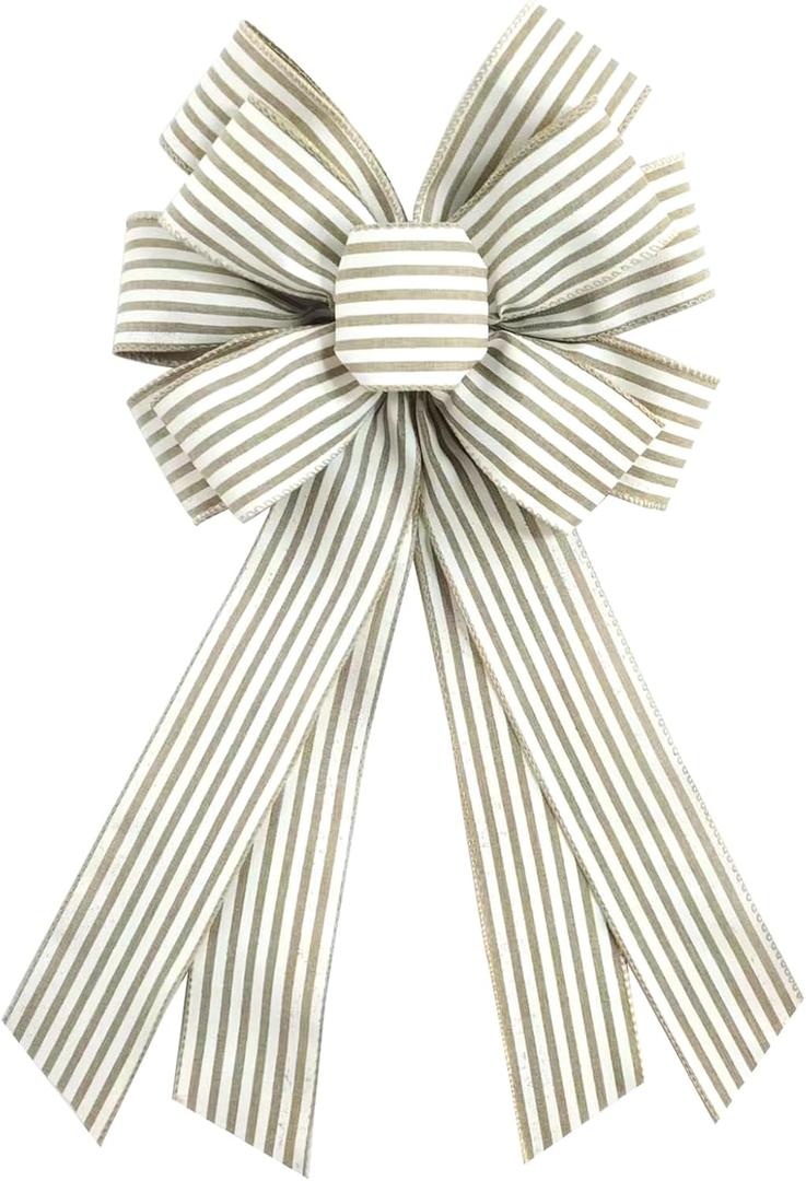 Natural Burlap Wreath Bow 20 x 11 Inches Easter Bows Light Khaki Stripes Ribbon Bow Carnival Farmhouse Bow Tree Ornament for Home Front Door Decorations