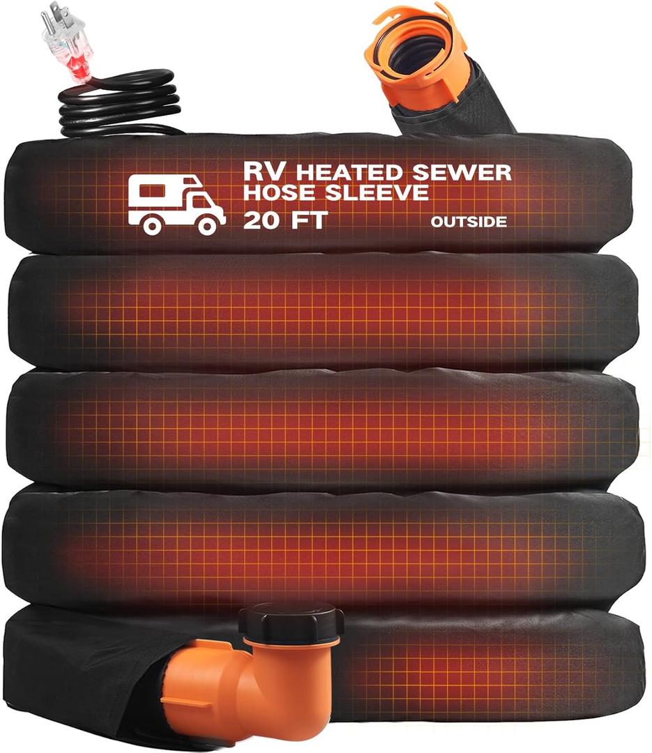 Heated 20FT RV Sewer Hose with Heated Sleeve, Anti Freezing at -20F RV Waste Sewer Black Hose with Protective Cover (20FT Hose with Cover)
