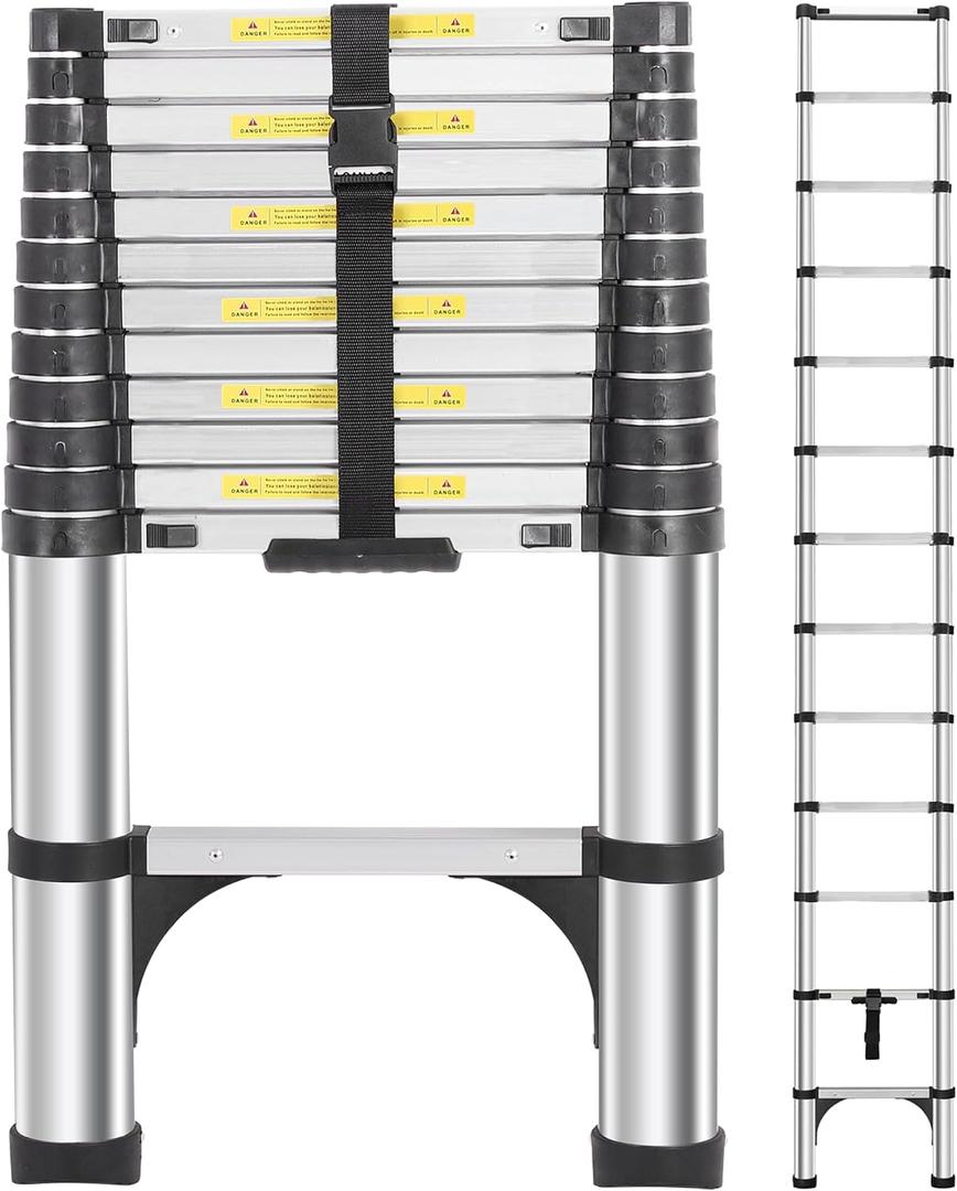 DEZEX Telescoping Ladders 16.5 FT Aluminum Ladder - One-Button Retraction Collapsible Extension Ladder for Home, Outdoors, RV, Attic & Loft, Lasts 330 LBS with 2 Triangle Stabilizers