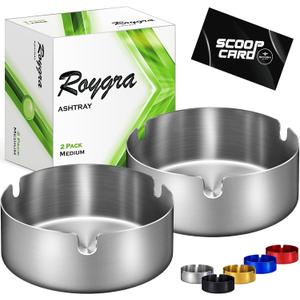 roygra Ash Tray (2 Pack), Outdoor Ashtray for Outside Patio, Stainless Steel Ashtrays for Cigarettes with 3 Holder, Smoking Accessories, Home Dcor, Ashtrays for Smokers Indoor - Silver, Medium