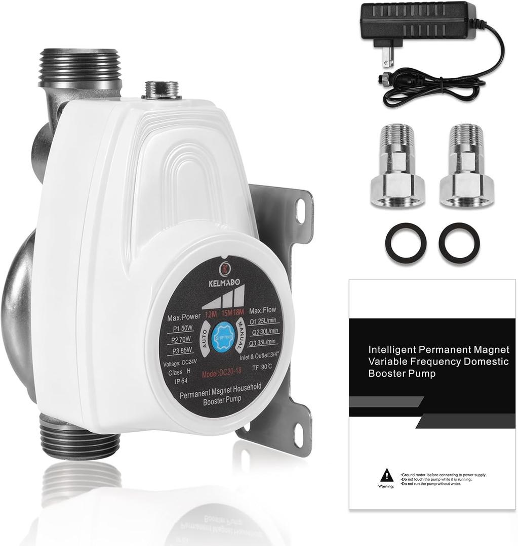 Smart Water Pressure Booster Pump with 1.5" NPT Adapter, 1" Inlet/Outlet | Auto On/Off Speed Adjustable 26 PSI 555 GPH 85W 24V DC Energy-Saving Quiet Pump for Home, Shower, Kitchen, Irrigation