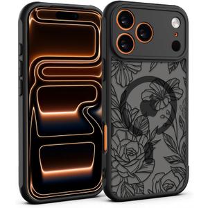 for iPhone 17 Pro Max Case, Black Floral Flower Pattern Print Magnetic Case [Compatible with MagSafe] [Translucent Matte] Slim Shockproof Protective Women Girls Phone Case, Floral Flower