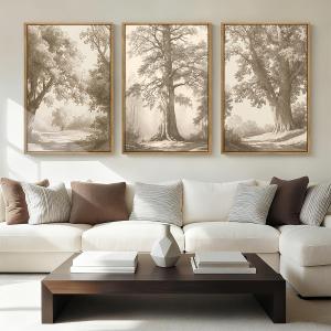 Vintage Tree Canvas Wall Art Framed Rustic Tree Landscape Sketch Antique Painting Neutral Forest Wall Decor 16x24 Inch Farmhouse Botanical Set of 3 for Living Room Bedroom