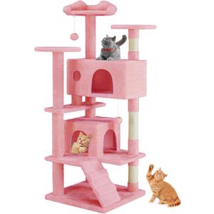 Sweetcrispy 54 Inch Cat Tree Tower, Multi-Level with Cat Scratching Post, Indoor Cat Condo with Climbing Ladder, Plush Toy, Play House for Cat, Pink