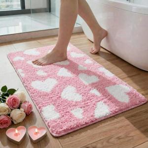 Duraaamo Valentines Bathroom Rug 16 x 24 Inch Pink Love Heart Tufted Bath Mat Decoration Absorbent Non Slip Rectangle Anniversary Wedding Mat Floor Doormats Rugs for Bathroom Living Room Home Decor