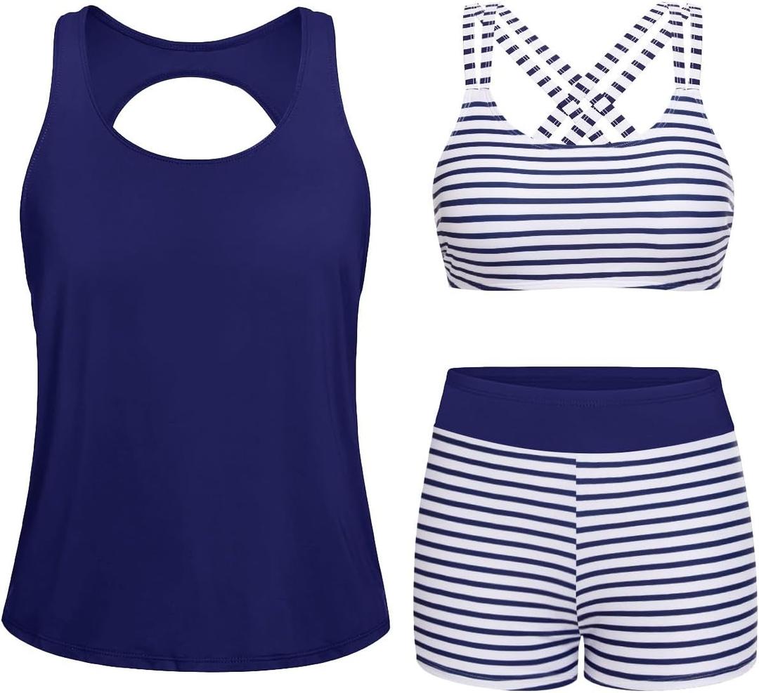 Yonique 3 Piece Tankini Swimsuits for Women Bathing Suits with Boy Shorts and Swim Tank Top Bra Modest Swimwear (Blue, L)