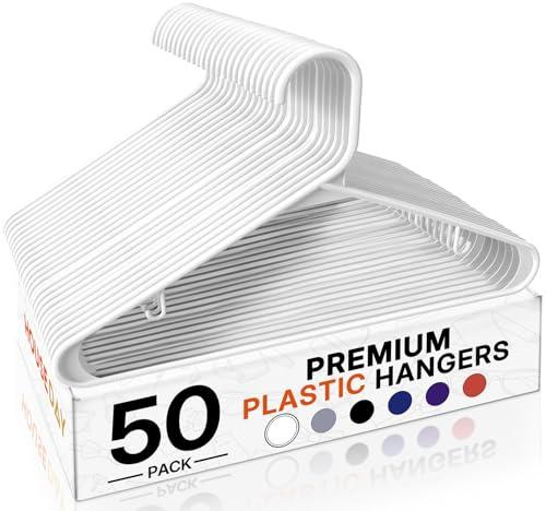 HOUSE DAY White Plastic Hangers 50 Pack, Plastic Clothes Hangers with Built-in Hooks, Durable and Strong Plastic Coat Hangers for Closet, Space Saving Clothing Hanger for Shirts, Coats, Skirt, Dress