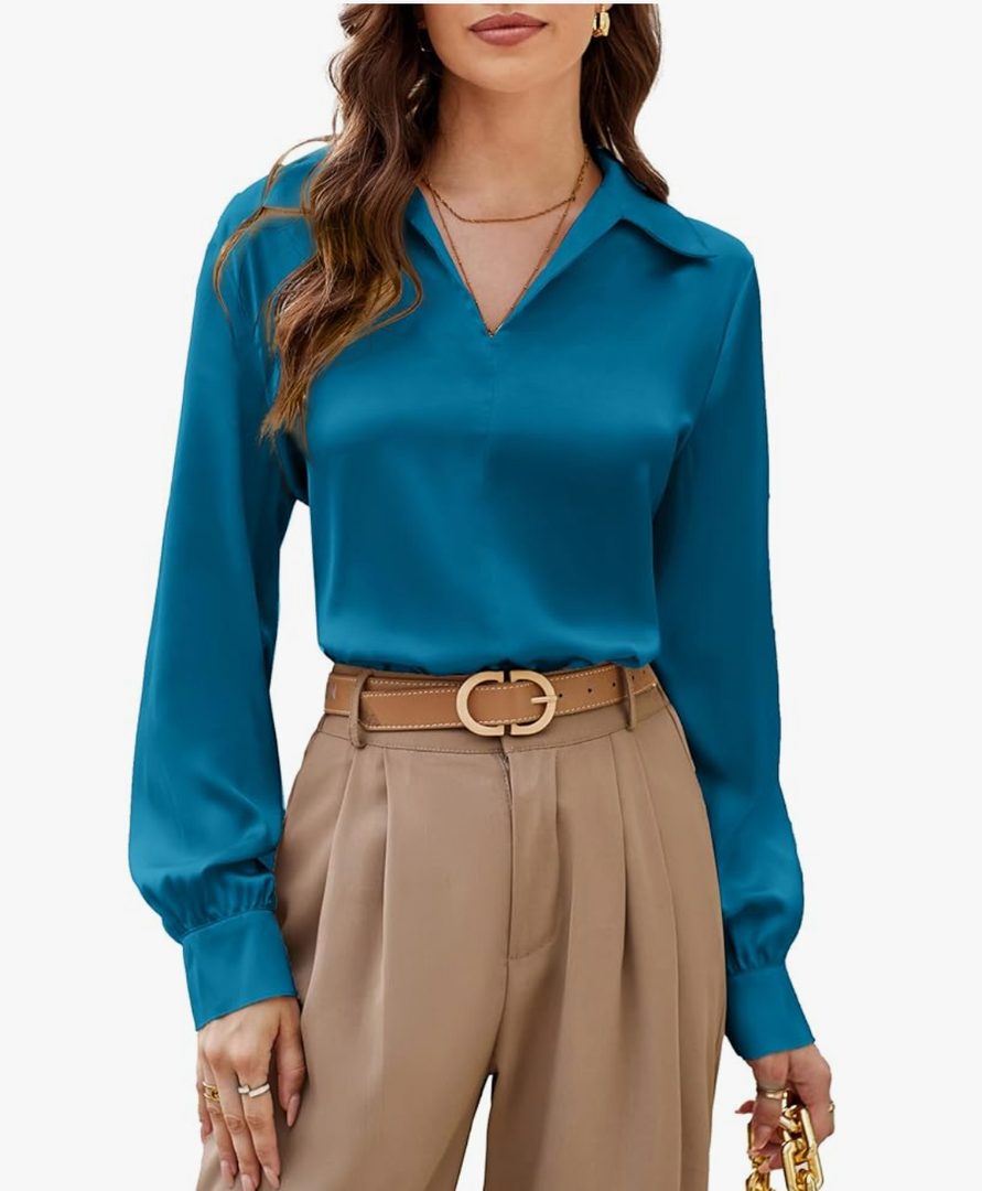 GRACE KARIN Women's Satin Silk Blouse Lapel V Neck Long Sleeve Casual Work Blouse Shirts Pullover Tops Size S