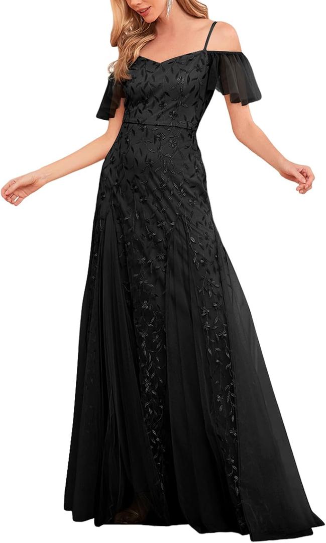 Womens Long Formal Evening Gowns Off Shoulder Sequin Tulle Dress Prom Gown Bridesmaid Wedding Guest Dresses (Black, M)