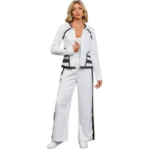 Women's 2 Piece Fall Zip Up Hooded Jacket and Wide Leg Pants Sets (White, M)
