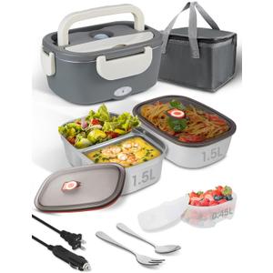 SOHIDA Electric Lunch Box Food Heater, 80W Heated Lunch Box for Adults, 12V 24V 110V Portable Food Warmer LunchBox for Car Truck Work with Removable 304 Stainless Steel Container White