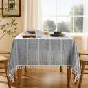 ZeeMart Hemstitched Embroidery Striped Boho Tablecloth 60x84 Inch Charcoal, Heavy Weight Farmhouse Burlap Linen Grey Tablecloth, Wrinkle Resistant Washable Table Cloth for Rectangle Table