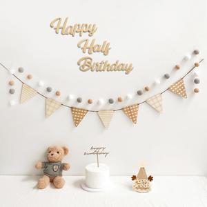 Happy Half Birthday Banner Pre-Strung Pennant Felt Fabric Banner Flags and Pom Pom Garland, Party Hat for Half Birthday Decorations, Reusable Half Way to One Bunting Sign for Girl Boy 6 Months