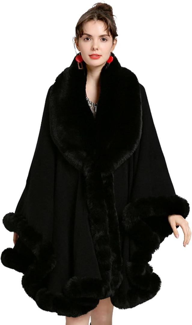 Elegant Faux Fox Fur Collar Knitted Cardigan Shawl Bride Wedding Party Shawl Cloak Coat (Black)