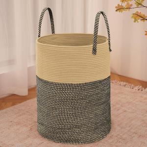 Large Woven Laundry Basket Hamper,80L Cotton Rope Storage Bin for Blankets, Toys and Clothes, Decorative Tall Nursery Hamper for Living Room, Baby Nursery, Bathroom and Bedroom, Brown and Black