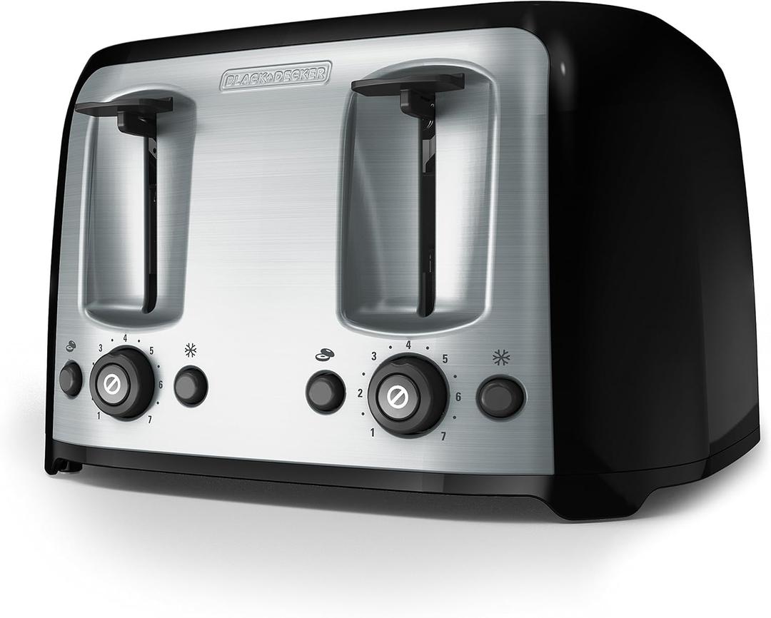 BLACK+DECKER 4-Slice Toaster, Extra Wide Slots, 7 Shade Settings, 1400 Watts, Frozen and Bagel Buttons, Toast Shade Selector, Extra Lift (Black with Stainless Steel Accents)