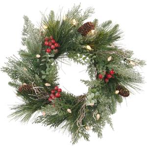 Pre-lit Christmas Wreath for Front Door, Snow Branches, 22 Inch Battery Operated 50 LED Lights, Decorations for Indoor & Outdoor Green