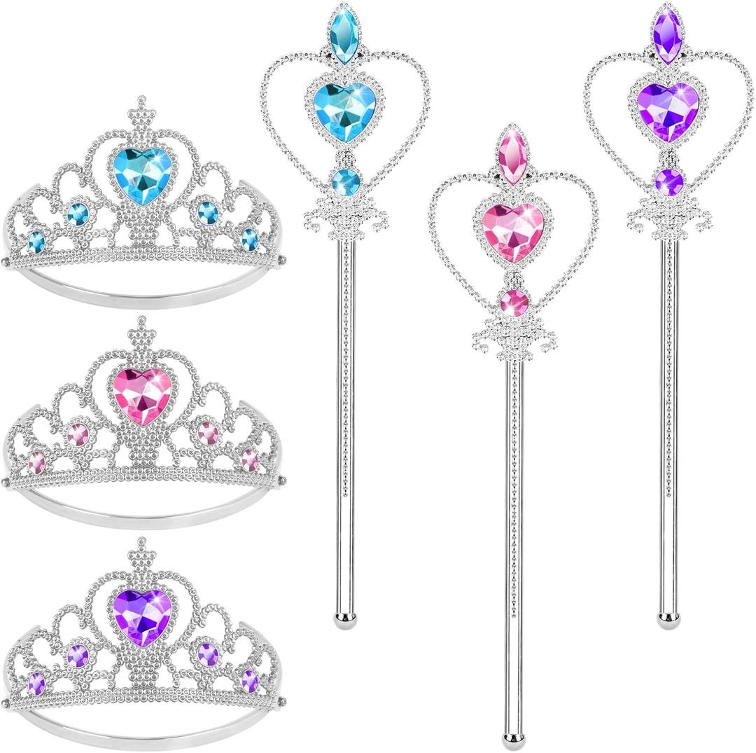 Vicloon Princess Dress Up Accessories, 2PCS Princess Crown and Wands for Little Girls, Jewelry Toy Gifts Set Christmas (Blue & Pink & Purple)