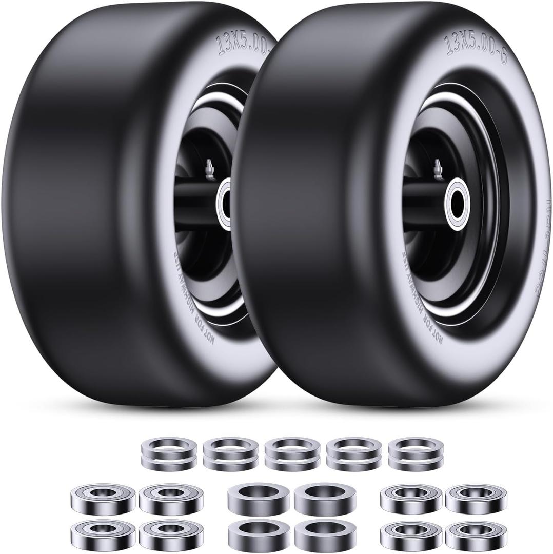 13x5.00-6" Flat Free Lawn Mower Tires, Zero-steering Lawn Mower Front Wheels, Solid Wheels Residential and Commercial Use, Suitable for 3/4-inch and 5/8-inch Bearings, Adjusted Center Hub, 2 pack