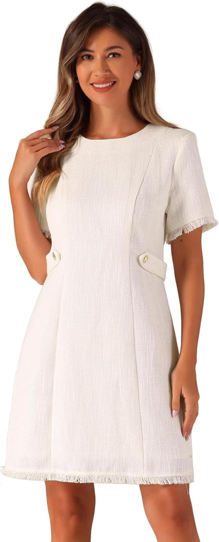Allegra K Tweed Sweater Dress for Women's Round Neck Short Sleeves Work Elegant Casual Knit Midi Shift Dresses (X-Large, White)