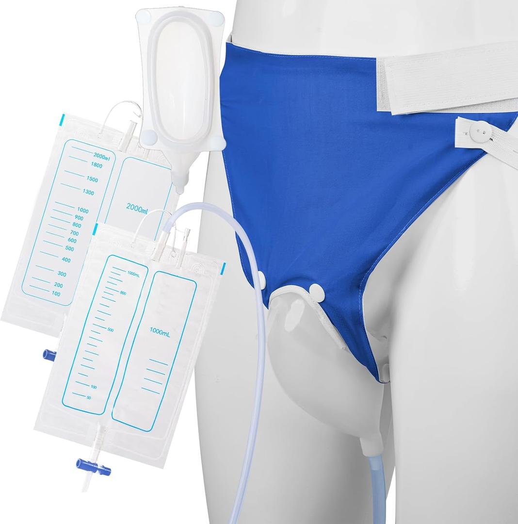 Wearable Urine Collector with External Catheter for Men, Silicone Urine Catching Capsule with Breathable Fixing Pants, 1000ml and 2000ml Urinary Bags for Day and Night Use, Elderly Blue