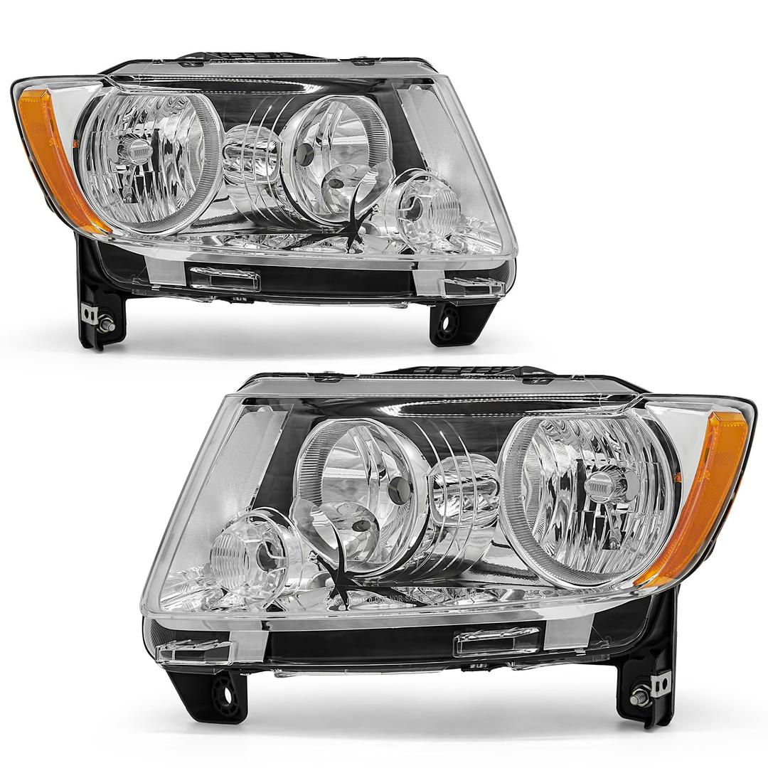 AXLAHA for 2011-2013 Jeep Grand Cherokee Headlight Assembly Compatible with 2011-2017 Jeep Compass Headlamp Clear Lens Chrome Housing Amber Reflector Left & Right PairBulbs Not Included
