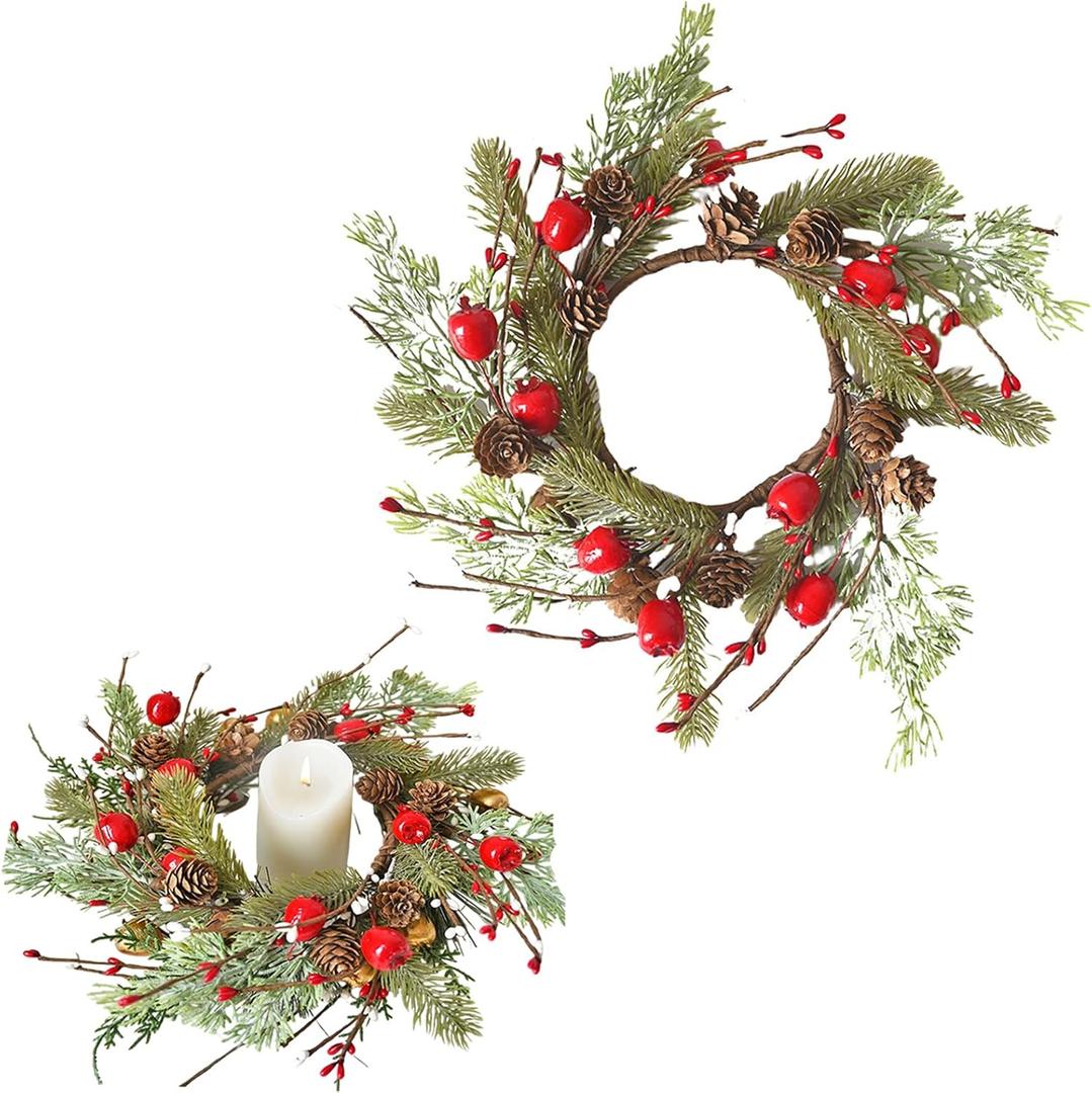 Christmas Wreath Candle Holders Decor for Christmas Table Candlestick Living Room Decoration (Green)