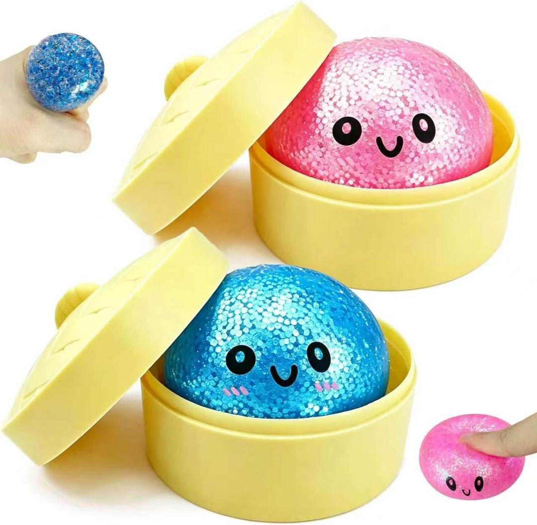 2 Pack Mini Dumpling Squishy Fidget Toys, Glitter & Bead Filled Stress Balls, Soft Slow Rising TPR Smiley Squeeze Toy, Tear-Resistant Sensory Toy for Stress Relief, Party Favors (Pink & Blue)