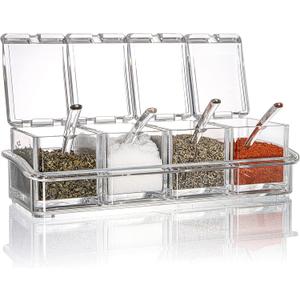 Yesland Clear Seasoning Rack Spice Pots - 4 Piece Storage Container Condiment Jars - Acrylic Seasoning Box, Cruet with Cover and Spoon