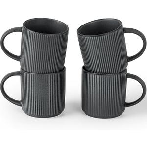 famiware Coffee Mug Set for 4, Star 12 oz Catering Mugs Cup Set with Handle for Coffee, Tea, Cocoa, Milk  Ceramic Stoneware Drinkware Set, Matte Dark Charcoal