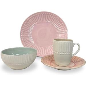 Artesa Color Full Mix Match 4 Dinnerware Set -4 Piece Handmade Ecuadorian Ceramic, Pink & Mint with Embossed Pattern, Plates, Bowls & Cups, Lead-Free, Microwave Safe, 11.4-Inch Plates