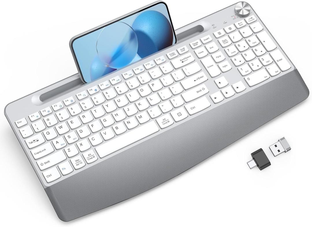 Ergonomic Wireless Keyboard with Wrist Rest-Low-Profile,Phone/Tablet Holder,Quiet DesignWindows & Mac OSFull Size Cordless USB Computer Keyboard for Desktop,Laptop, PC, Mac, Windows-White