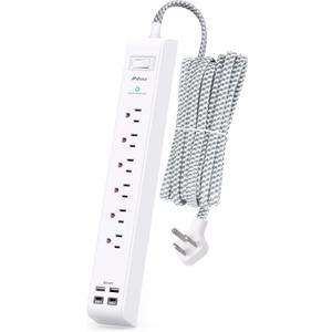 Surge Protector Power Strip 10 ft with 4 USB Ports 2 USB-C 6 AC Outlets, Flat Plug Extension Cord, USB Charging Station, Wall Mountable for Home, Office, Dorm Essentials, 1080J, ETL Listed (White&Grey)