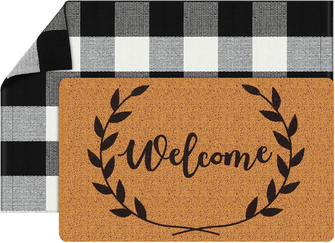 Maitys 2 Pcs Welcome Door Mat Buffalo Outdoor Rug Non Slip Coir Mat Black White Buffalo Plaid Checked Layered Door Rug Doormat Decor for Rustic Porch Entryway Indoor (Black Dot, 23.6 x 35.4 Inch)