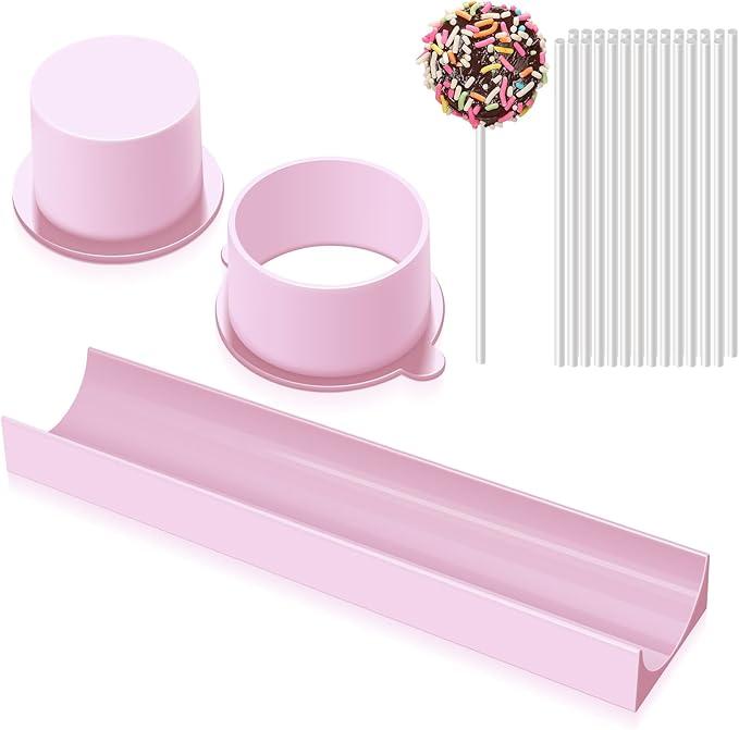 Round Cake Pop Mold Set with 9 Inch Tray and Sticks, ABS Cake Pop Maker, Circle Cake Pop Cutter and Pusher, Baking Molds Kit for Parties, Wedding,Home Desserts Making - Pink